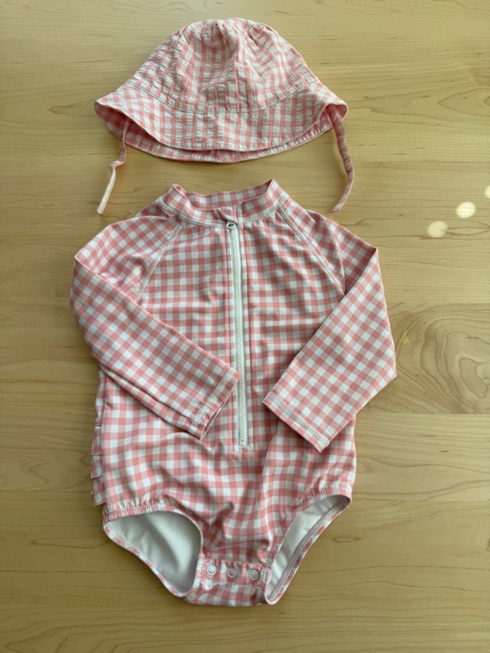 Janie and Jack Gingham Rash Guard Swimsuit and Matching Seersucker Bucket Hat